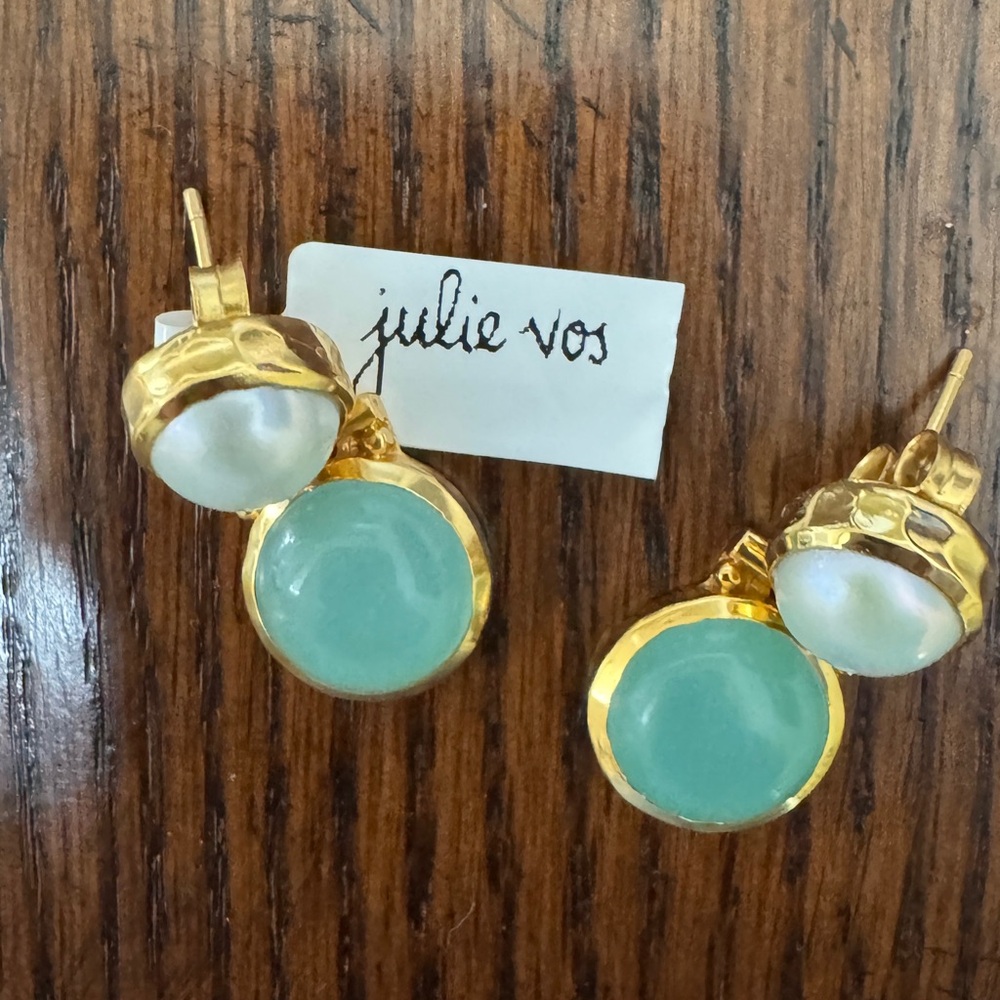 Julie Vos Gold, Aqua Chalcedony and Pearl Drop Earrings